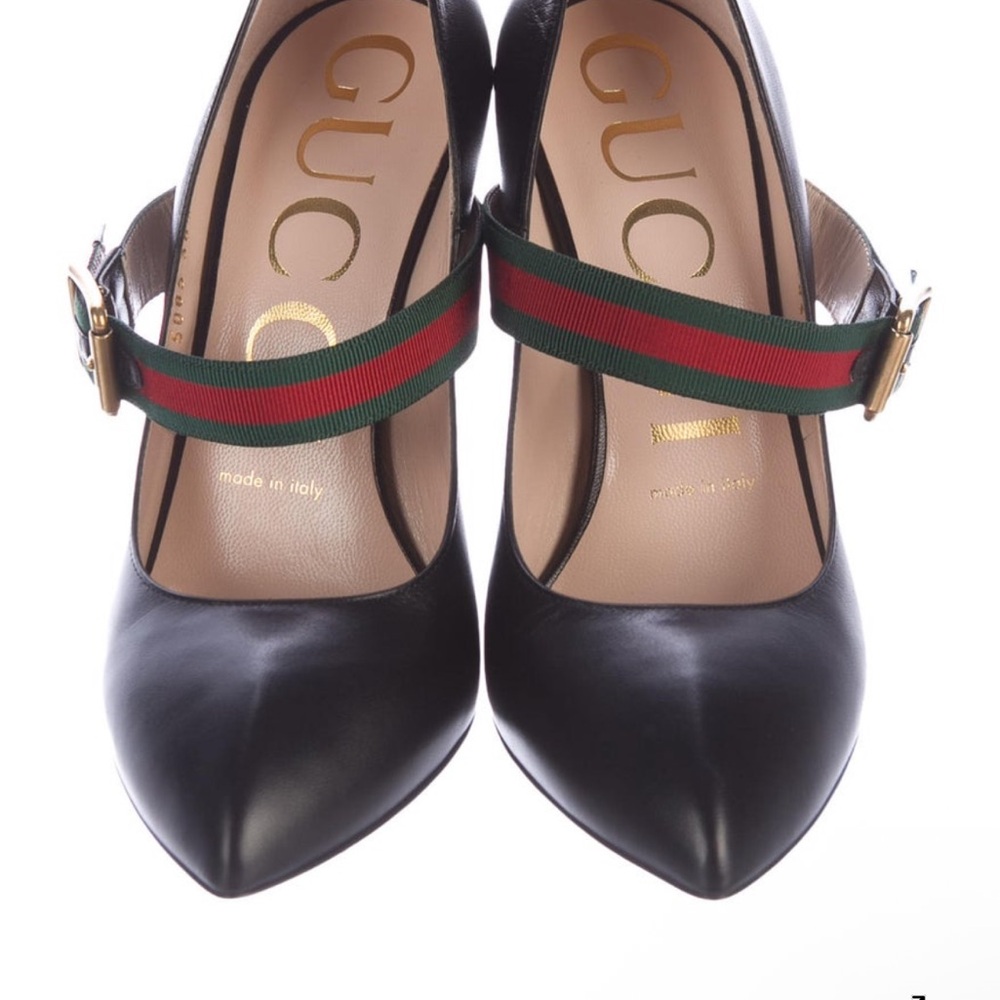 Authentic Gucci Sylvie leather pumps in black Mary Jane web strap Like New size - Picture 3 of 8